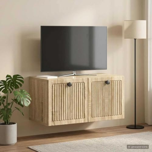 Ziaphsol Meuble TV mural en chêne Sonoma 59,5 x 31 x 30 cm avec 2 portes pivotantes, beaucoup d'espace de rangement, gestion des câbles, convient pour salon, home cinéma, console multimédia, meuble TV
