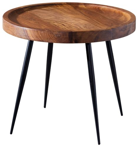 FineBuy Beistelltisch rund 46x40x46 cm Sheesham massiv Holz Metall Couchtisch, Industrial Style Echtholz Holztisch, Sofatisch Metallbeine, Anstelltisch Dekotisch Braun