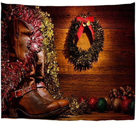 A.Monamour Wandteppiche Cowboystiefel Weihnachtskranz Bunte Kugeln Ornamente In Vintage Holz Kabine Kunstdruck Stoff Wandteppich Wandbehänge Wandbild Für Schlafzimmer Wohnzimmer 153x130cm