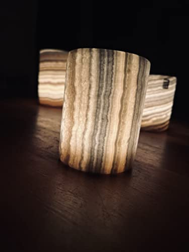 Maison Zoe 2-teiliges Teelichthalter Set Zylinder 8x10cm Natur aus Alabaster-Stein - handgeschnitzte Kerzenhalter - Deko - Windlichthalter