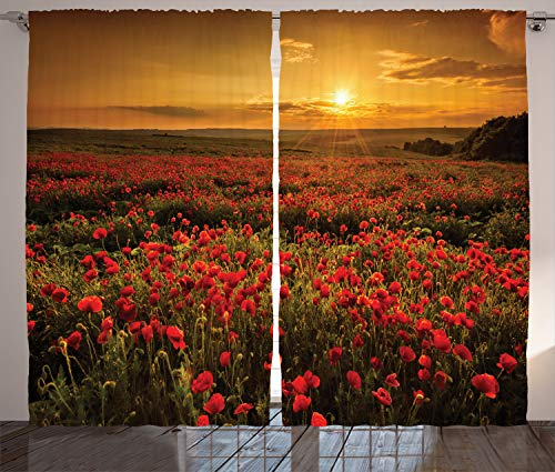 ABAKUHAUS Mohn Rustikaler Gardine, Sunset Meadow Ackerland, Schlafzimmer Kräuselband Vorhang mit Schlaufen und Haken, 280 x 175 cm, Ringelblume Scharlachrot