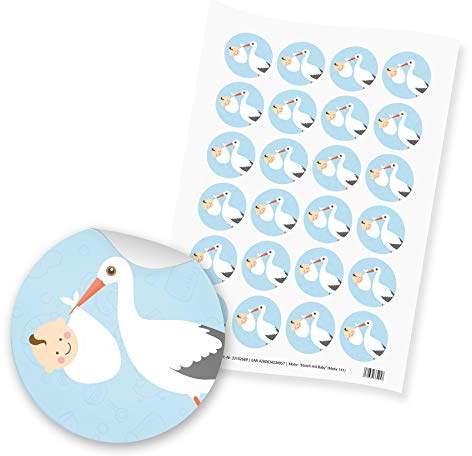 itenga Motiv Storch mit Baby Hellblau Pastell für Jungen Gast Geschenk Geburt Taufe 1. Geburtstag (24 Motivsticker ohne Text)