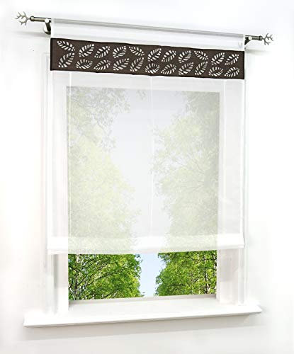 CURTAIN LAND Raffrollo mit Blätter Lasercut Design Gardine Tunnelzug Voile Transparent Fenster Schals (BxH 100x140cm, Braun)