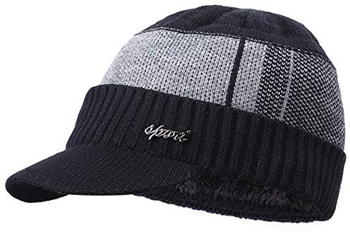 Yixda Berretto invernale da uomo caldo berretto lavorato a maglia con visiera Nero Taglia unica