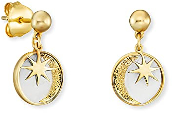 Engelsrufer Damen Ohrstecker Sonne, Mond und Sterne aus vergoldetem Sterling Silber mit weißer Emaille - Steckverschluss - nickelfrei - 17mm