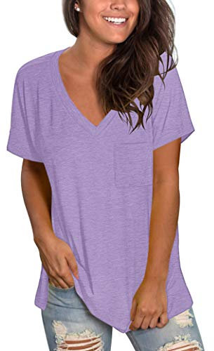 MOLERANI Camisas de Manga Corta con Cuello en V para Mujer Camiseta Holgada Informal Tops de Verano con Bolsillo (XL, Morado Claro)
