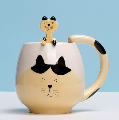 Xfeyaqlo 400ml Tasse Chat Jaune, Tasse Chat avec Cuillère Céramique, Convient pour Le Petit-Déjeuner, Café, Lait, Flocons D’Avoine, Cuillère 1 pièce