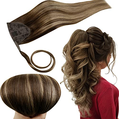 RUNATURE Zopf Extensions Echthaar Balayage Braun Blond 55cm Echte Haare 80g Haarverlängerung Echthaar Pferdeschwanz Braun Ombre Blond Gerade Extensions Echthaar Ponytail #4/27/4