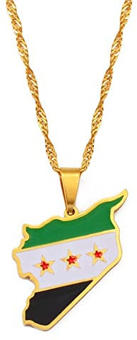 Syrien Karte Flagge Anhänger Halskette – Land Umriss Charme Dünne Kette Zierlicher Patriotischer Schmuck, Syrer Ethnischer Stil Hip-Hop Damen/Herren/Mädchen Unisex Geschenke,Gelb,Einheitsgröße