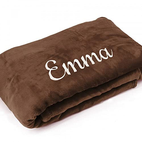 Kuscheldecke XXL mit Namen oder Wunschtext Bestickt - extra große 240x220 cm gemütliche Sofadecke Wohndecke, weiches Fleece, personalisiertes Geschenk für Männer und Frauen - Braun