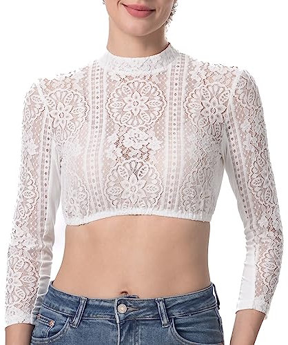 Kelliar Dirndl Blouse, Traditional Blouse, Women's Dirndl Blouse, Long Sleeve Lace Dirndl Blouses, White Dirndl Blouses, Long Sleeve, Classic Costume for Oktoberfest, White, 14