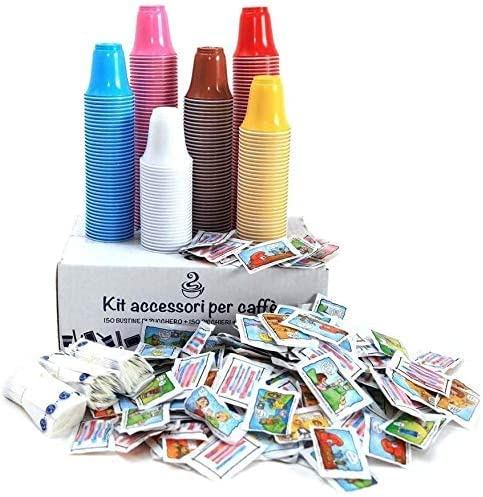 AURACAFFE' 1200 Pz Bicchierini Caffe Plastica Riutilizzabile Espresso Tazzine 75ml + 1200 Pz Palettine Riutilizzabili + 1200 Pz Bustine di Zucchero Extra Fine di Alta Qualità - KIT ACCESSORI