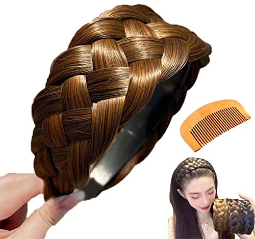 Perücke Haarreifen Zopf Geflochten Haarband im Koreanischen Stil, Breit Synthetische Haar Geflochtenes Stirnband, Perücke Haarbänder für Frauen Haar Rutschfest (Hellbraun mit Kämmen)