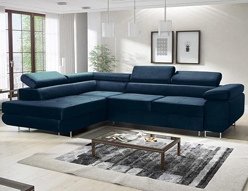 ML Furniture Ltd Avatar Velvet Ecksofa in L-Form 277 x 73 x 203 cm mit Schlaffunktion und Bettzeugbehälter - Schlafsofa mit Bettkasten - Eckcouch mit Stauraum - Links - Farbe: Monolith Blau (MO77)