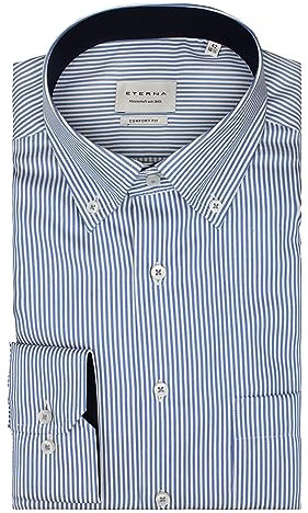 ETERNA Herren Langarm Hemd Blau Weiß gestreift Comfort Fit | Bügelfrei, Knitterfrei, 100% Baumwolle | Button-Down-Kragen Gr. 45