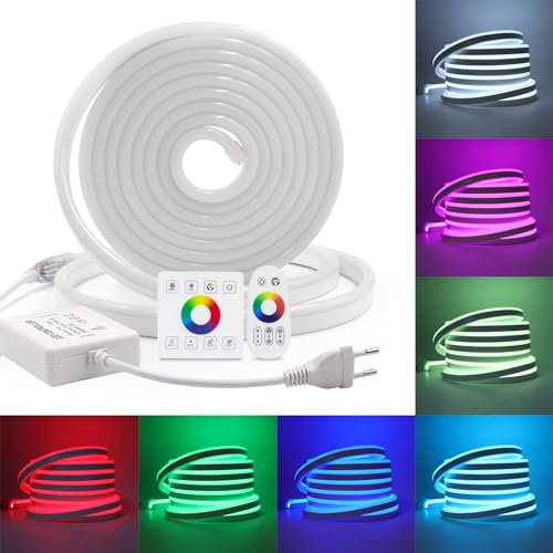 HEGEHE 220V Striscia LED Neon Flessibile Dimmerabile CRI85+ [2M, RGB], IP65 Impermeabile, con Controller RF RGB 750W, SMD5050 per Decorazione Domestica e Negozi, Dimensioni: 10x20mm