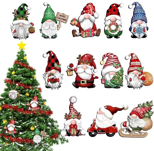 KASESSS 12 Pièces Decoration Sapin Noel en Bois, GNOME de Noel Decoration Noel Interieur Maison Bois, Père Noël Deco Noel Interieur Maison à Suspendre, Sapins de Noël Ornement Pendentif avec Corde