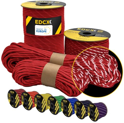 EdcX Reflective Paracord 550 4mm, 13 Colors, Hi-Vis (15m, 30m, 50m) | Reflective Red, 50 m – 100% Nylon 4mm, Type III 7 strand | Night Visibility, Camping, Guy Lines | Made in EU