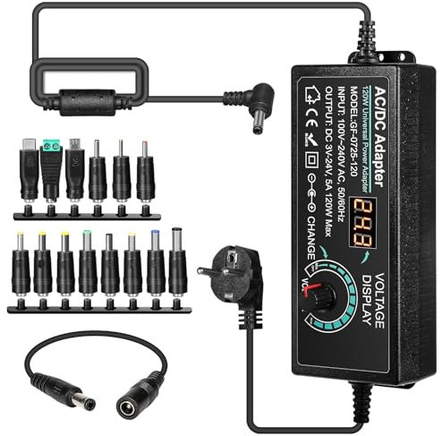 DEWIN Adaptador Corriente Universal, 5A 120W Adaptador Universal Ajustable 100V-240V CA a CC 3V-24V Adaptador de Corriente Universal Fuente Alimentacion Regulable
