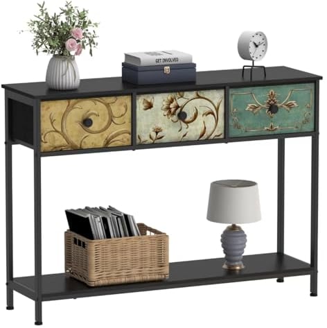 VEDECASA Table console avec 3 tiroirs en tissu - Table de couloir avec compartiments de rangement ouverts - Table basse pour couloir, salon, chambre à coucher - Cadre en bois - Montage facile - Noir