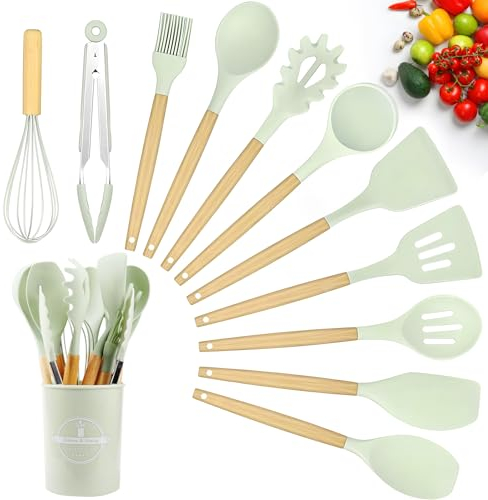 Jeinbuil Set di utensili da cucina, 12 pezzi, in silicone, antiaderenti, utensili da cucina, pentole resistenti al calore, con manico in legno, lavabili in lavastoviglie