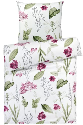 Pure Label Blumen Bettwäsche 155x220 cm mit einem Kissenbezug 80x80 cm - Traumhaft weiches Bettwäsche-Sets 155 x 220 cm in weiß aus 100% Baumwolle mit YKK Reißverschluss