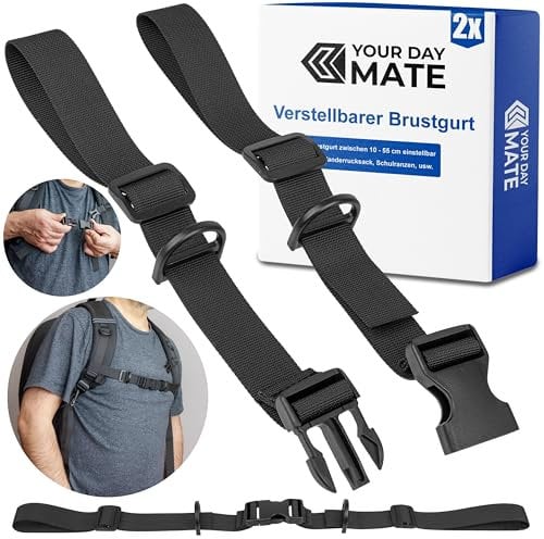 Verstellbarer Brustgurt für Rucksack, 2 Pack, in Schwarz, für Kinder bis Erwachsene, für 10 - 55 cm Brustgurtbreite, zum Nachrüsten von Wanderrucksack, Schulranzen, Rucksackriemen Gurt oben Backpack