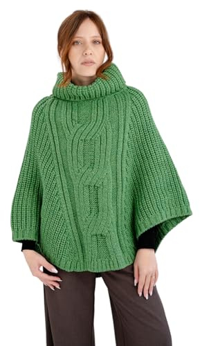 SAOL Damponcho av 100 % merinoull med flätmönster för kvinnor, en storlek, Grön, one size