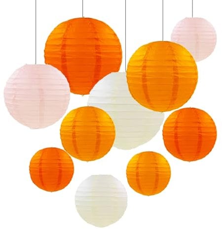 ZYOOO 10 Stück Orange Beige Papierlaterne Lampion rund Lampenschirm (Set 4 Farben à 25cm, 20cm,15cm,10cm) Lampions Hochzeit,Deko Gartenparty,Bride to Be Deko,herbst Deko