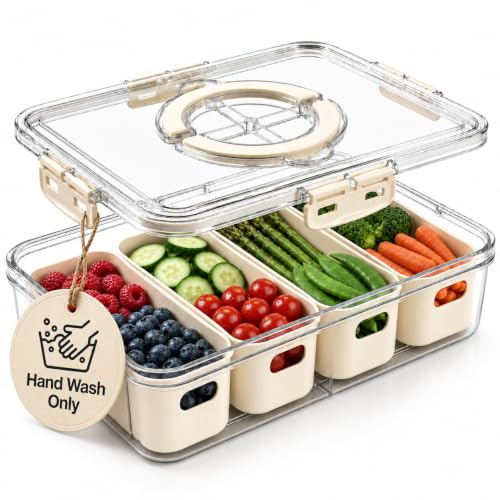 [Dishwasher Safe] Snackle Box Container, Salad Bar Drawer, Fridge/Refrigerator Storage & Organizer for Vegetable, Fruit, Berry, Veggie Prep Tray with Lid & Strainer, Fresh Produce Keeper (4 Colander)
