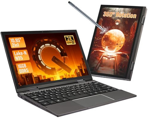 LONGEVINCE Mini Notebook Laptops, 10.95 inch 360° Rotation Ultrabook Computer, 2000 * 1200 Touch Display, Celeron N95 (up to 3.4 GHz), 16GB DDR5, Windows 11, Laptop with UK Keyboard (Gray, 16+2000G)
