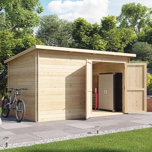 BillyOh 12x8 Pent Log Cabin Wooden Garden Shed, Heavy Duty Garden Storage Shed with Floor, Roof, & Felt, Double Doors, Strong Interlocking 19mm T&G Log Walls, Versatile Wood Outdoor Storage Building