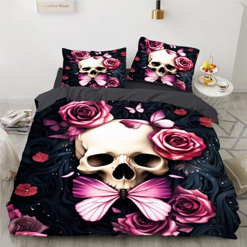 Housse de Couette 220x240 Crâne De Rose Insecte Parure de Lit 220x240 Adulte Doux Microfibre Lavable,Housse de Couette Respirant Parure Housse Couette 220x240+2 Taie Oreiller 50x75cm