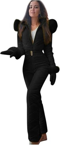 Damen Einteiler Skianzug - Wasserdicht Isoliert Schneeanzug Warm Winter Ski Overall mit Pelzkragen Winddicht Skianzug für Outdoor Sport Thermo Skibekleidung für Snowboarden, Schwarz , XXL