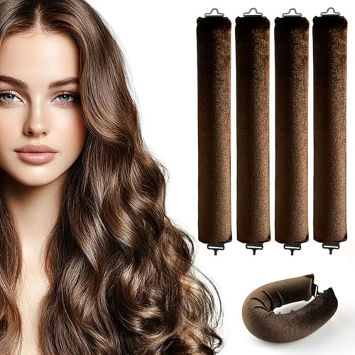 4 Stück Heatless Curls Band Rutschfest Locken Ohne Hitze Braun Overnight Blowout Lockenwickler über Nacht mit Haken Lockenband Set Heatless Hitzefreie Lockenwickler Blowout Rods für Alle Haartypen