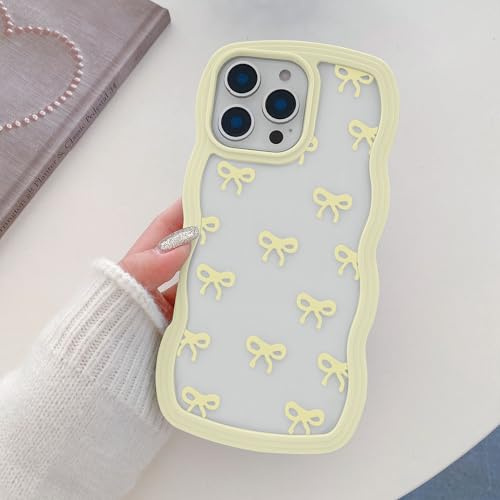 QLTYPRI Bow Case for iPhone 12/iPhone 12 Pro, Clear Cute Ribbon Bow Phone Case Curly Wavy Aesthetic Phone Case, Slim Soft Transparent Shockproof Protective Cover for Women Girls - Yellow