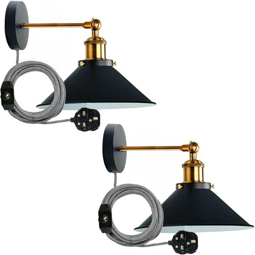 LEDSone 2 Pack of Retro Industrial Plug-in Wall Light Metal Cone Shape Shade Indoor Light Fitting 2m Cable with Dimmer Switch for Bedroom Hallway Restaurants (Black 2 Pack, Without Bulb)