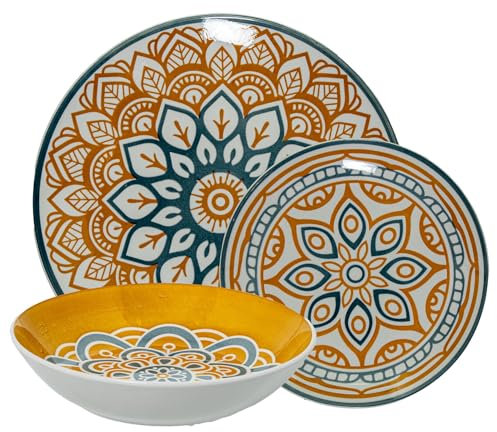 Vajilla de 18 piezas de porcelana mandala en amarillo y azul 26x6x26 cm