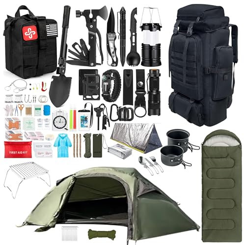 Sac à dos d'évasion, kit de survie d'urgence avec sac à dos tactique de 70 l, tente, sac de couchage, kit de premiers secours, ustensiles de cuisine de camping, outils multifonctions, équipement