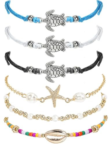 Suyi Bracelet de cheville en forme de tortue de plage bohème fait à la main réglable pour femme, Alliage.