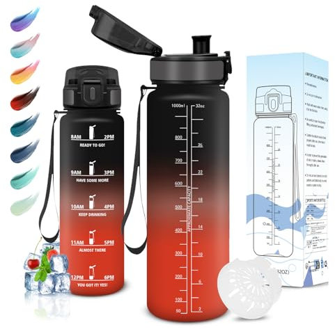 Motswedi Trinkflasche Sport, 1000 ml BPA-Frei, Trinkflasche, Kohlensäure Geeignet, Sport Trinkflasche, Auslaufsicher, Wasserflasche für Yoga, Schule, Fahrrad, Kinder, Outdoors, Schwarz und Rot