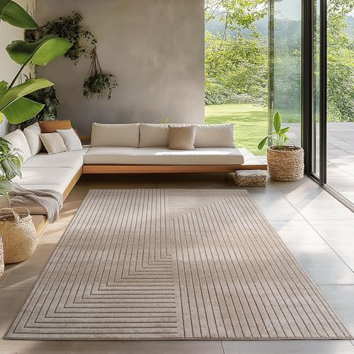 Carpetsale24 Outdoor Teppich auch Wohnzimmer, Schlafzimmer, Wintergarten, Kurzflor Beige, Hoch-Tief-Effekt, weich & waschbar, pflegeleicht, 280x370 cm