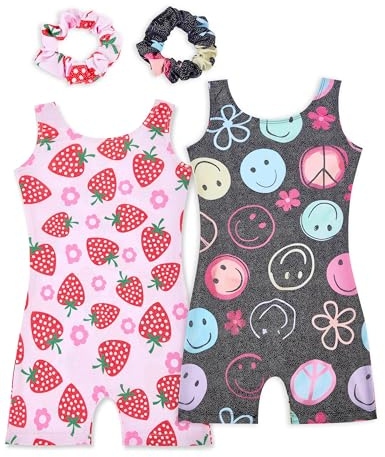 Tstiti Gymnastics Leotards for Girls 2 Pack Sparkly Kids Biketards Dance Unitards Matching Hair Scrunchies Strawberry Smiley 9-10 Years