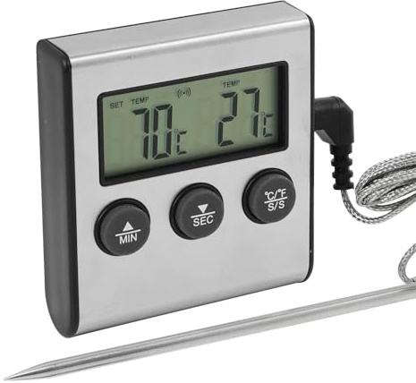 Digitales Bratenthermometer, Fleischthermometer mit Timer und Temperaturalarm – Digitales Lebensmittelthermometer für Grillen, BBQ, Kochen von Fleisch, Wasser, Milch und Wein