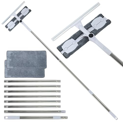 ASSRECT Limpiador de Cristales Telescópico 3.88m, Kit Profesional 2 en 1 con Lámina de Silicona de 39cm y 2 Paños de Microfibra para Ventanas Altas, Coche y Ducha Sin Escalera