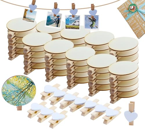 ADNEWX 60 mini mollette in legno naturale, rotonde a forma di cuore, piccole mollette per calendario dell'Avvento, foto, adesivi, lavori fai da te