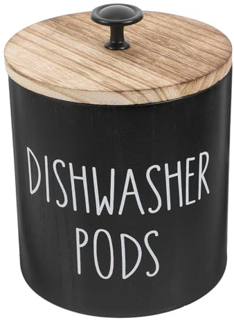 Shineofi Wooden Dishwasher Pod Holder with Lid Black 15.0 X 12.0 X 12.0 Cm | Round Storage Box, Wooden Build, Black Finish, Lid Included, for Dishwasher , Kitchen and Laundry Room Use
