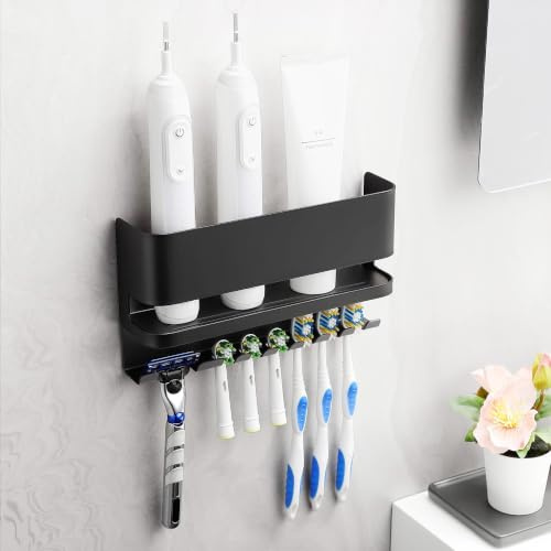 ALOCEO Zahnbürstenhalter Ohne Bohren Selbstklebend 304 Edelstahl Schwarz | Zahnbürstenhalter Elektrische Zahnbürste, Zahnbürstenbehälter Wand für 6, Toothbrush Holder für Toiletten und Badezimmer