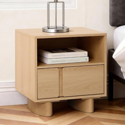 Hometopia Nachttisch Holz mit Schublade & offenem Fach, Moderner Nachtschrank mit ovaler Basis, Nightstand & Beistelltisch für Schlafzimmer, 48 × 39 × 51 cm