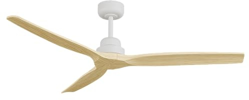 Sulion - Ventilador de Techo con Motor DC Silencioso 142cm - Bajo Consumo 26W - Aspas de Madera Maciza para Exterior IP44 e Interior - Mando a Distancia Incluido Blanco Madera Clara